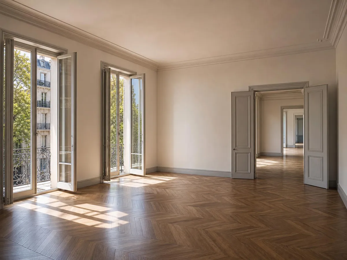 Interior de vivienda amplia y vacía con techos altos y balcones