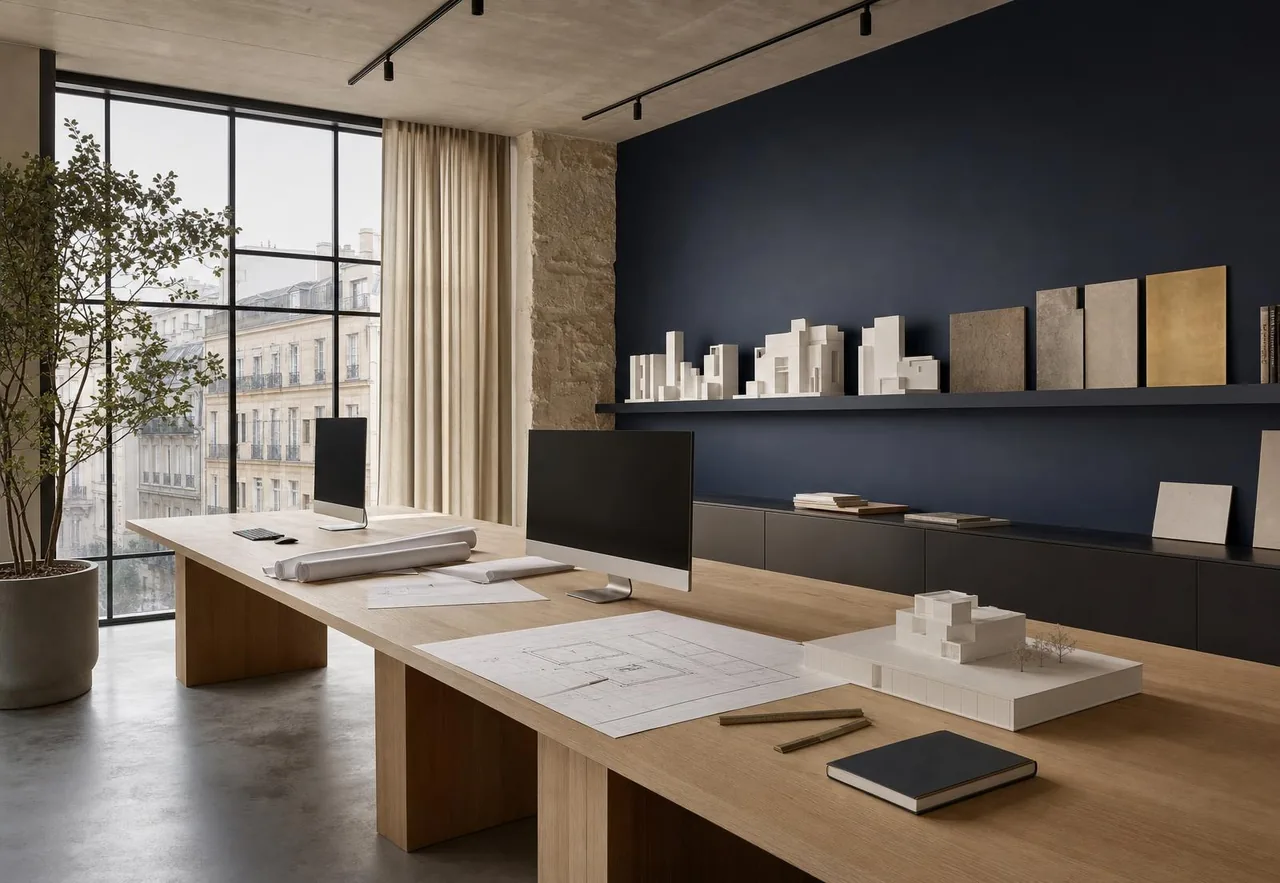 Interior del despacho de arquitectura: mesa de trabajo con planos y maquetas